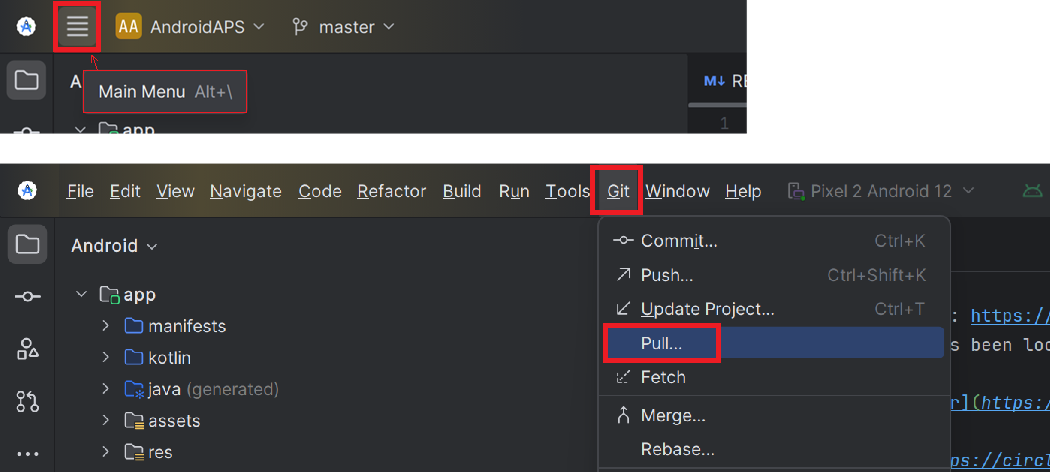 Android Studio Menu - Git - Pull